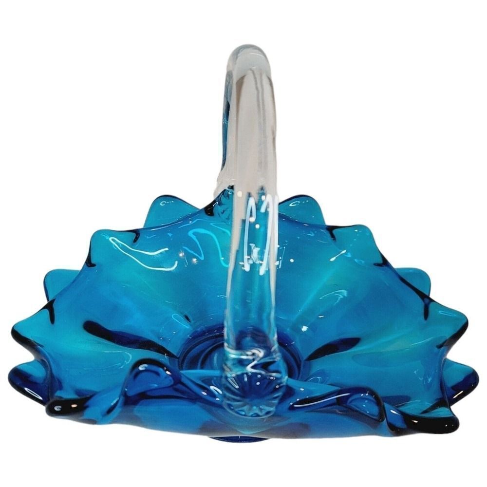 Vtg Viking Art Glass 1960s Blue With Clear Handle Epic Basket‎ Candy Dish #1510